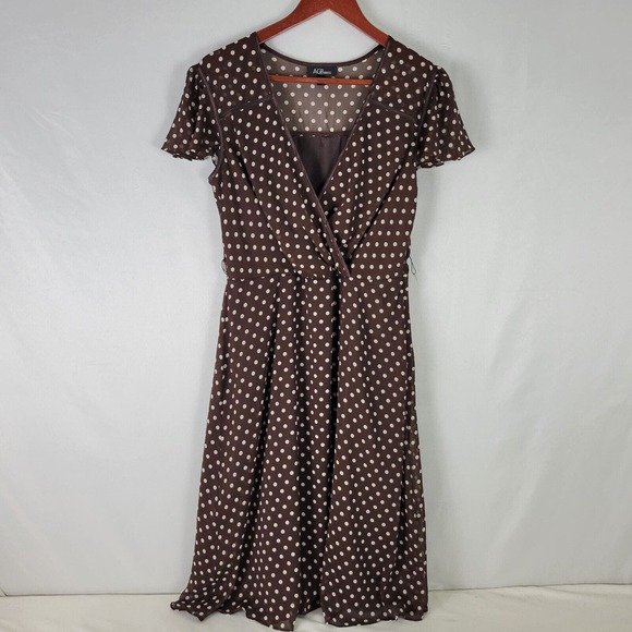 AGB Womens Dress 8 Brown Polka Dot Sundress Short Cap Sleeve Lined Surplice Neck - Picture 1 of 11